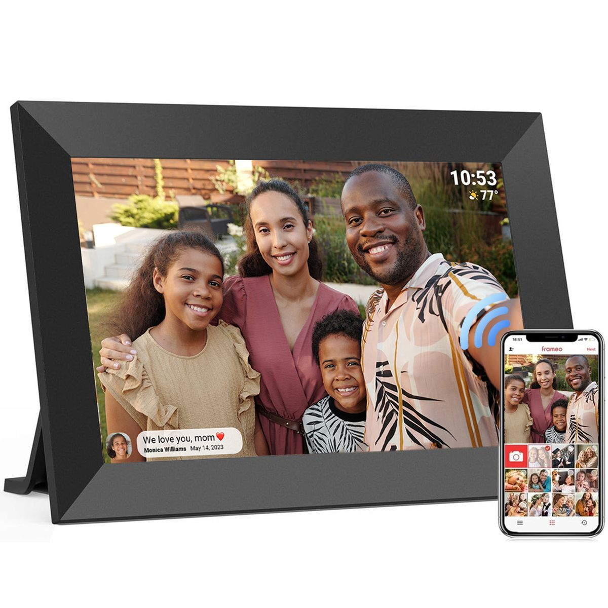 Digital photo frame displaying a family photograph beside its phone app